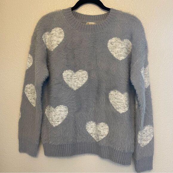 HEM & THREAD #6480 Gray hearts crew neck super soft stretchy oversized sweater-S - Picture 2 of 9